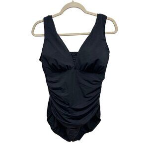 Lands’ End Swimsuit Black Slimming One-Piece Size 16D Tummy Control Ruched